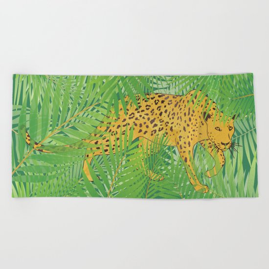 Leopard with tropical leaves Beach Towel