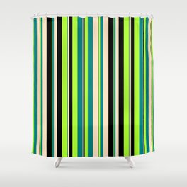 [ Thumbnail: Light Green, Teal, Bisque & Black Colored Lined/Striped Pattern Shower Curtain ]