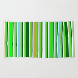 [ Thumbnail: Eyecatching Lime, Goldenrod, Light Sky Blue, White, and Dark Green Colored Pattern of Stripes Beach Towel ]