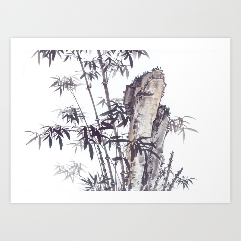 Chinese Ink And Brush Painting Of Trees And Mountains Art Print By