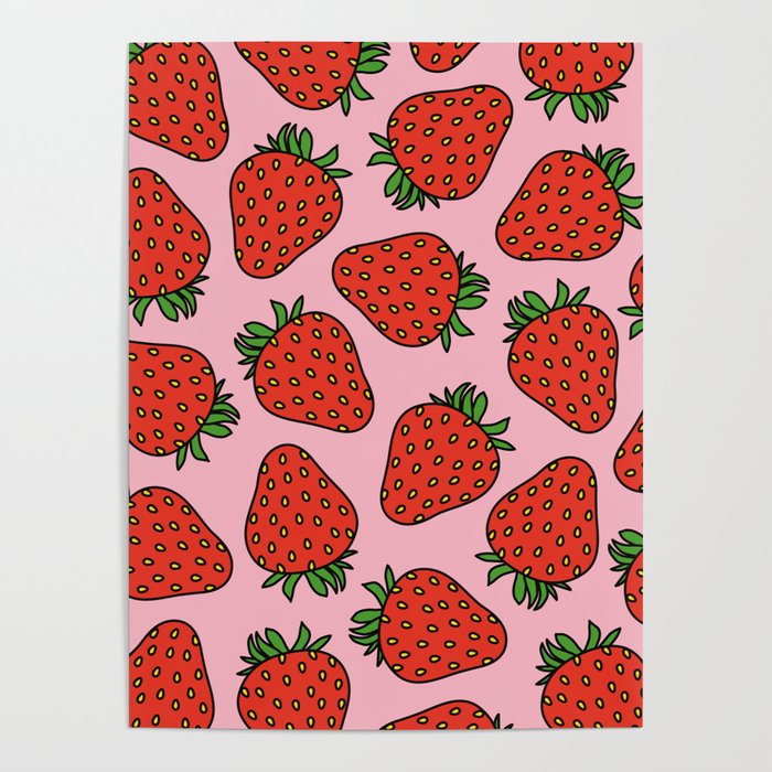 Pink and Red Cottage Core Strawberries Poster
