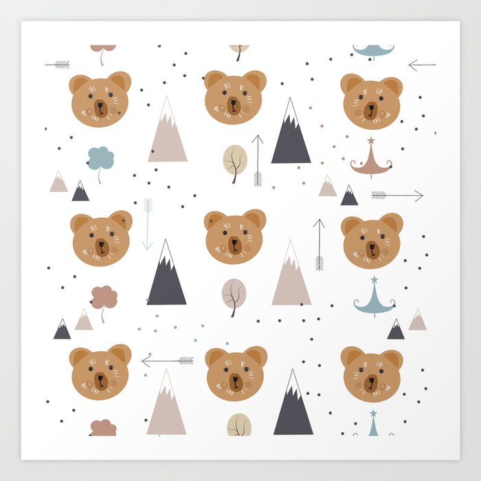 Seamless kids pattern with lovely cute bears and forest Art Print