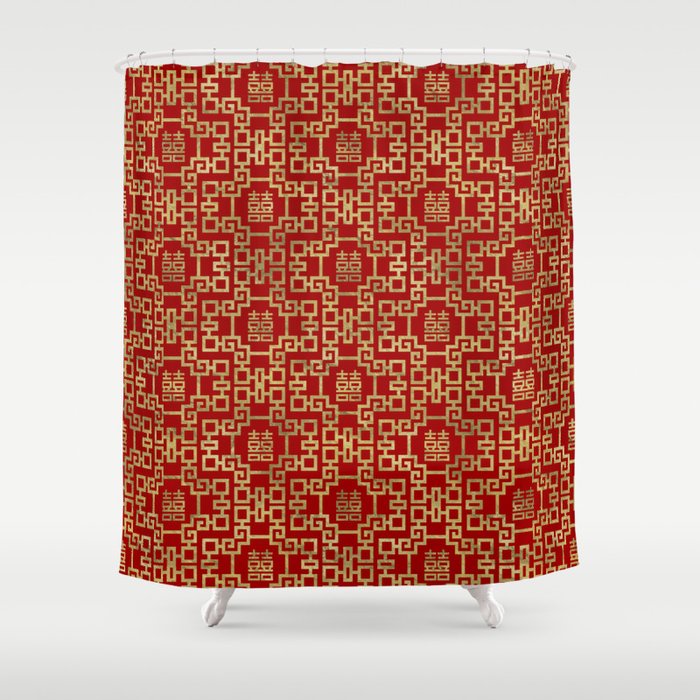 Chinese Pattern Double Happiness Symbol Gold on Red Shower Curtain