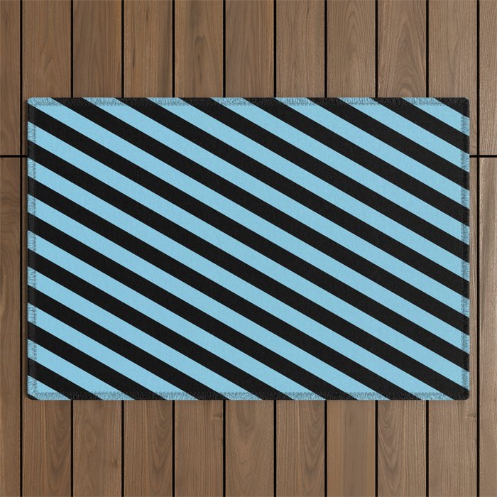 Black and Sky Blue Colored Lined Pattern Outdoor Rug