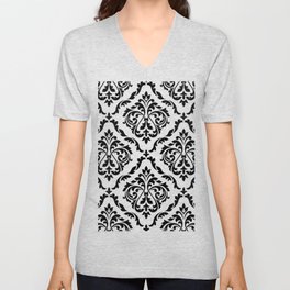 Trendy Victorian Black and White Damask Brocade Pattern V Neck T Shirt