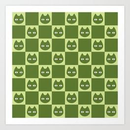 Large Cat Face Checkerboard - Lime Green & Forest Green Art Print