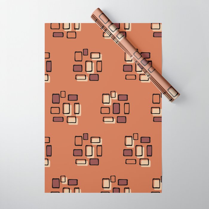 Retro Mid Century Modern Block Pattern 422 Black Beige Orange and Burgundy Wrapping Paper
