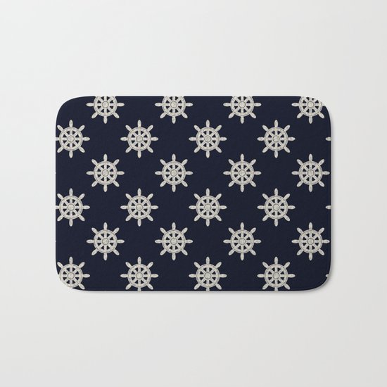Maritime Design- Nautic Wheel in white on darkblue backround Bath Mat