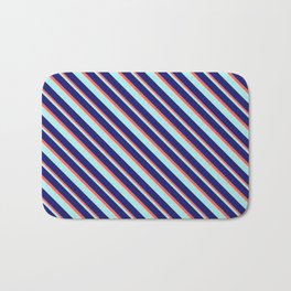 [ Thumbnail: Turquoise, Midnight Blue, and Red Colored Lines Pattern Bath Mat ]