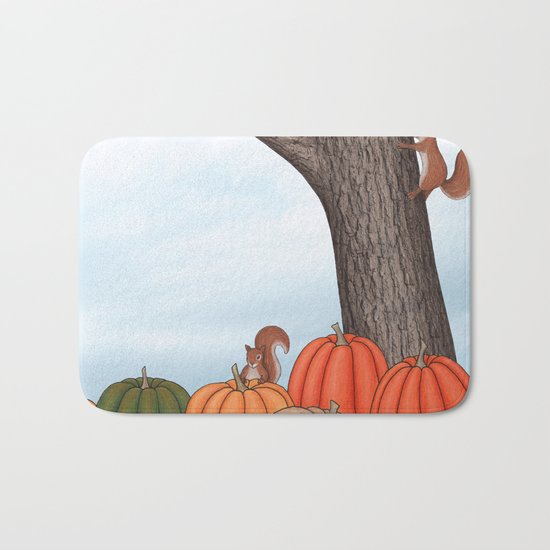heirloom pumpkins, squirrels, & the oak tree Bath Mat