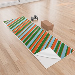 [ Thumbnail: Dark Green, Sky Blue, and Red Colored Striped Pattern Yoga Towel ]