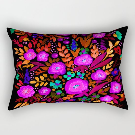 Watercolor colorful flower pattern on a black background . Rectangular Pillow