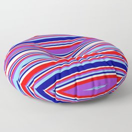 [ Thumbnail: Eye-catching Beige, Red, Dark Orchid, Sky Blue, and Dark Blue Colored Stripes/Lines Pattern Floor Pillow ]