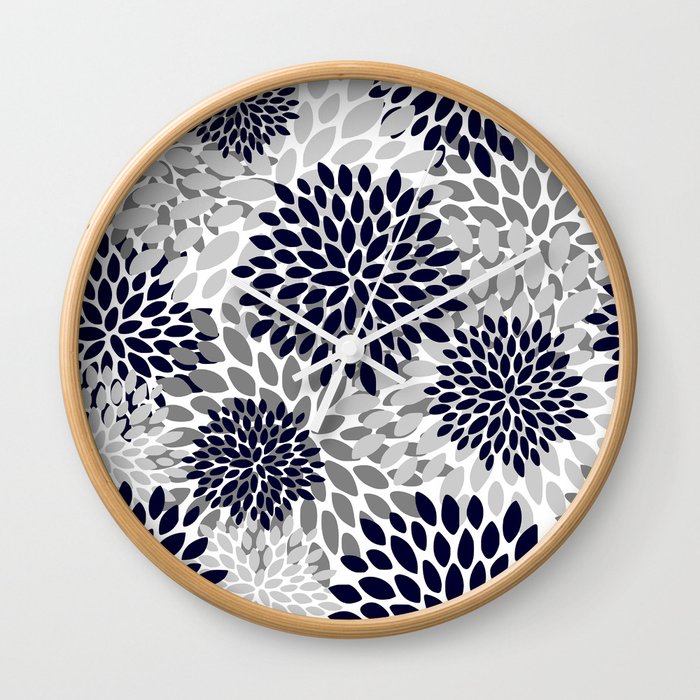 Abstract, Floral Prints, Navy Blue and Grey Wall Clock