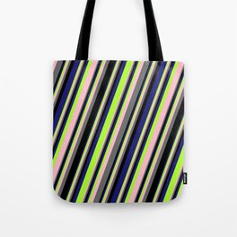 [ Thumbnail: Eye-catching Midnight Blue, Light Green, Pink, Dim Grey, and Black Colored Striped Pattern Tote Bag ]