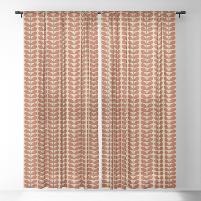 Mid Century Danish Leaves, Rust Brown and Beige Sheer Curtain