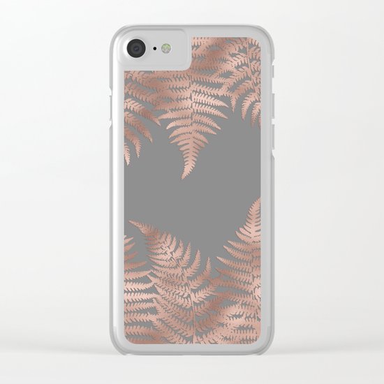 Rosegold pink metal fern leaves on grey background Clear iPhone Case
