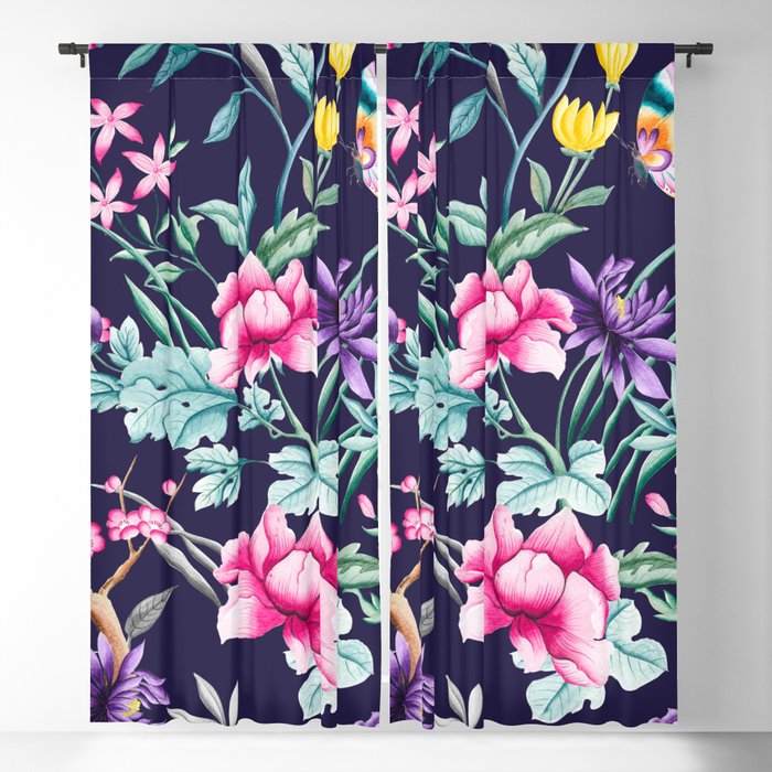 Chinoiserie French Navy Floral Blackout Curtain By Peggieprints