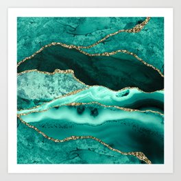 Ocean Waves Marble Emerald And Golden Art Print