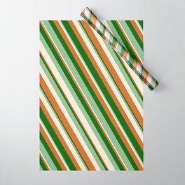 [ Thumbnail: Chocolate, Dark Green, Dark Sea Green & Beige Colored Lines Pattern Wrapping Paper ]