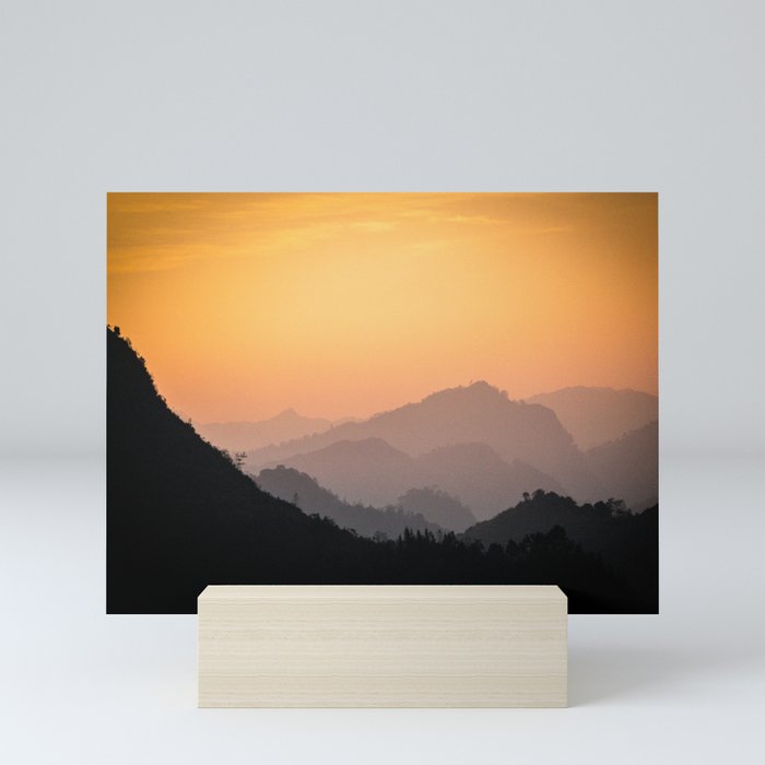 mountains at dusk Mini Art Print