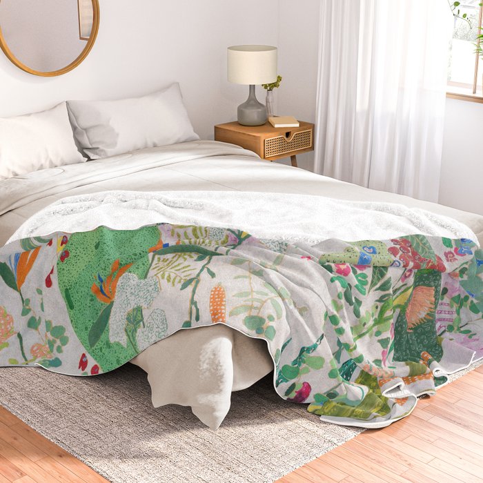 Painterly Floral Jungle on Pink and White Throw Blanket