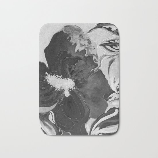 Black and White of Birthday Acrylic Blue Orange Hibiscus Flower Painting with Red and Green Leaves Bath Mat
