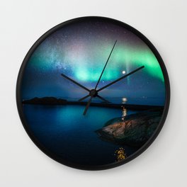 Aurora Borealis Over Coastal Waters Wall Clock