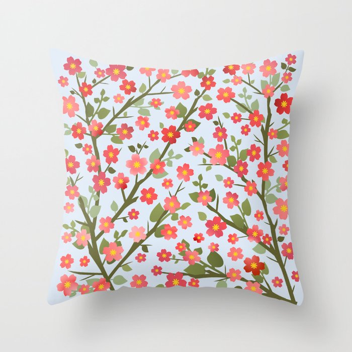 Lovely Blossoms - coral on light blue Throw Pillow