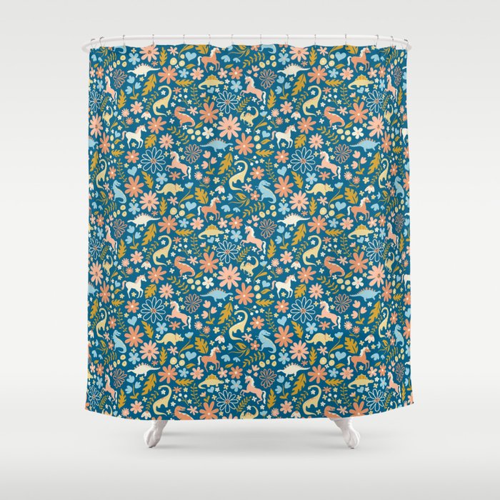 Dinosaurs + Unicorns in Blue + Coral Shower Curtain