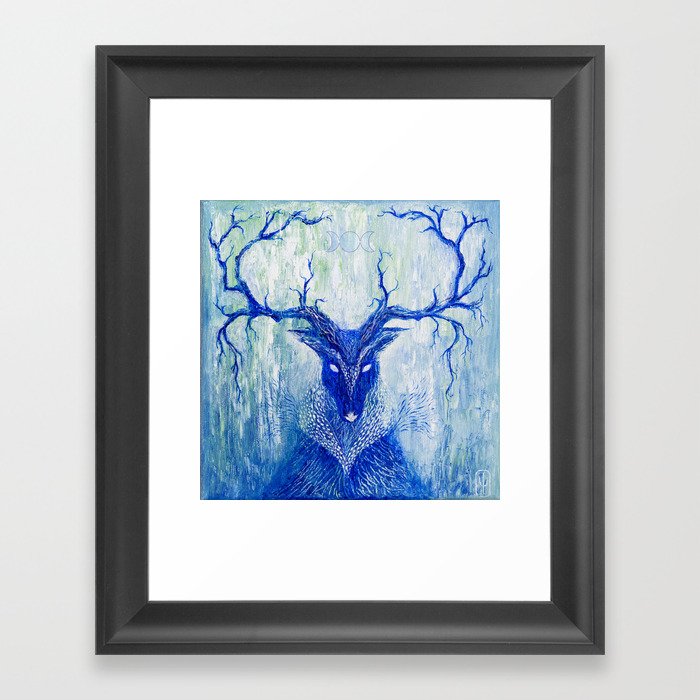 Cernunnos Wicca Pagan Celtic Old God, Whimsical blue deer painting, Forest wild animal shaman spirit Framed Art Print