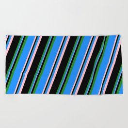 [ Thumbnail: Blue, Pink, Black, and Forest Green Colored Striped Pattern Beach Towel ]