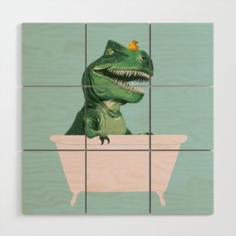 Playful T-Rex in Bathtub in Green Wood Wall Art