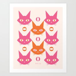 Mid-century Modern Geometric Abstract Cat Pattern, Vintage Cats in Hot Tangerine Orange and Fuchsia Pink Art Print
