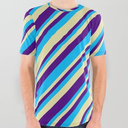 [ Thumbnail: Pale Goldenrod, Indigo & Deep Sky Blue Colored Stripes/Lines Pattern All Over Graphic Tee ]