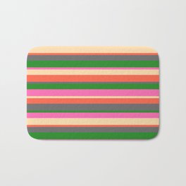 [ Thumbnail: Eye-catching Hot Pink, Tan, Red, Dim Gray, and Forest Green Stripes Pattern Bath Mat ]