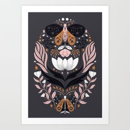 Grey Pink Botanical Butterflies Art Print