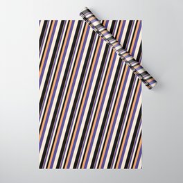 [ Thumbnail: Brown, Dark Slate Blue, Beige & Black Colored Striped Pattern Wrapping Paper ]