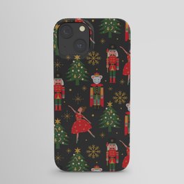 Retro Nutcracker and Ballerina Christmas Pattern Black Background iPhone Case