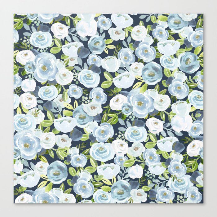 Lovely Slate Blue Floral Print, Hand-Painted Flowers, Roses, Bouquets, Blue Blossoms, Navy Canvas Print