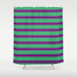 [ Thumbnail: Sea Green and Purple Colored Stripes Pattern Shower Curtain ]
