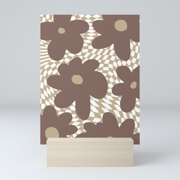 Retro Flowers on Warped Checkerboard \\ Cocoa Mocca Color Palette Mini Art Print