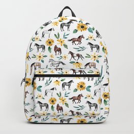 Horses and Sunflowers, Horse Art, Horse Decor, Yellow Flowers, Equestrian Art Backpack