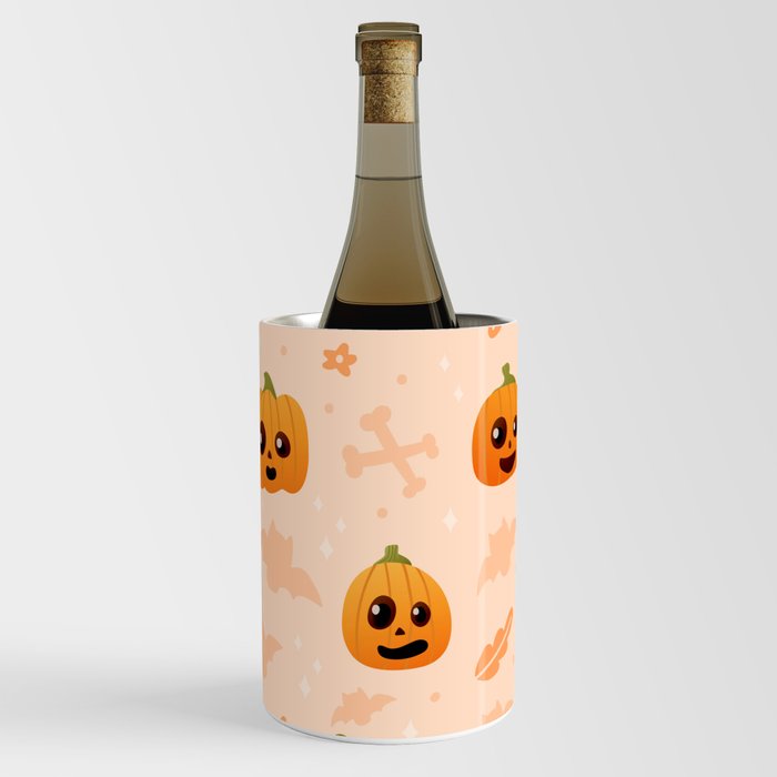 Cute Pumpkin Face Seamless Pattern on Light Background with Bats and Bones, Halloween Ornate Wine Chiller
