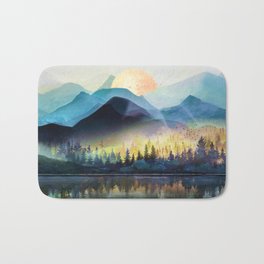 Mountain Lake Under Sunrise Badematte | Forest, Peak, Curated, Landscape, Range, Morning, Woods, Mountain, Pine, Reflection 