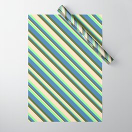 [ Thumbnail: Green, Blue, Dark Olive Green, and Bisque Colored Striped/Lined Pattern Wrapping Paper ]