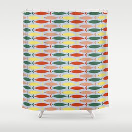Coastal Fish Stripes Retro Pattern in Red Green Yellow Baby Blue Shower Curtain