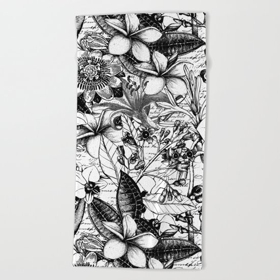 Black and white tropical flower Beach Towel