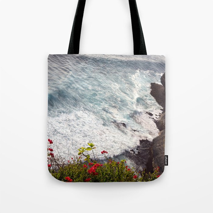 Red Bougainvillea Growing Over The Cliffs Of Uluwatu Tote Bag