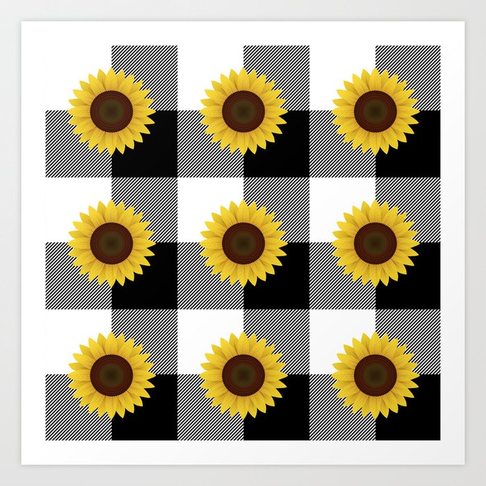 Sunflower And Black Buffalo Plaid Pattern,Black And White Buffalo Check,Checkered,Gingham,Farmhouse,Country.Flannel,Rustic,Summer, Art Print